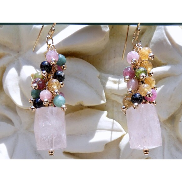 Bubble Gum Rose Quartz-Watermelon Tourmaline Gold Beaded Earrings FUN Pink - Picture 5 of 6